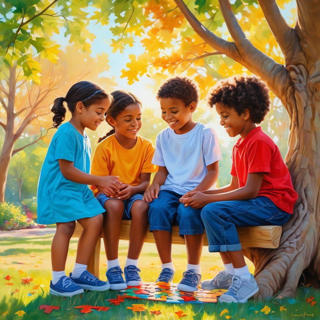 A warm and inviting scene depicting a diverse group of children playing together with gentle smiles, showcasing emotional connection and understanding. Include a serene background with colorful autism awareness puzzle pieces incorporated as part of nature, and soft sunlight filtering through trees. Illustrate a theme of empathy and support through their interactions, with soft hues and gentle expressions. painting. vibrant colors.