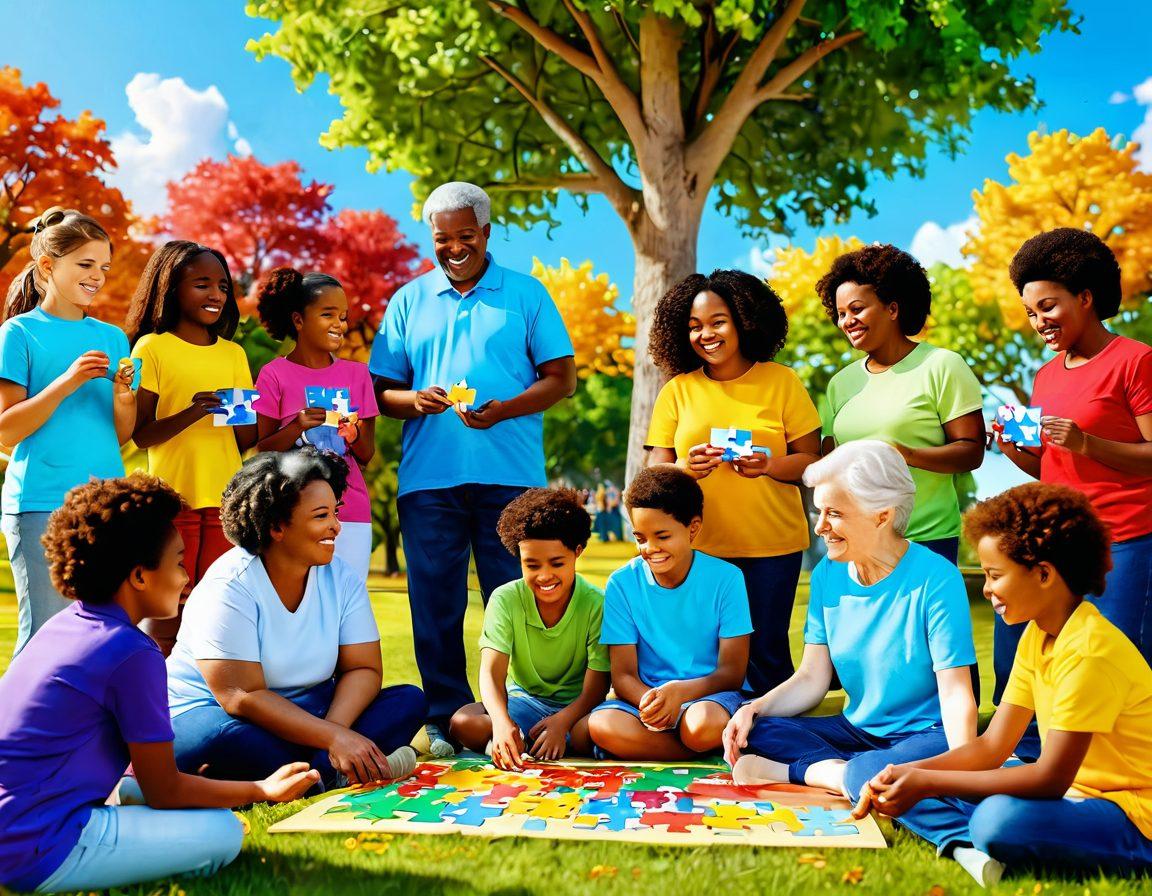 A heartwarming scene depicting a diverse group of people of different ages and backgrounds, joyfully engaging in activities that promote autism awareness, like sharing resources and support materials. Include symbols of inclusivity, such as puzzle pieces and vibrant colorful banners. The setting should be a sunny park with trees and flowers, creating a welcoming atmosphere. super-realistic. vibrant colors. 3D.