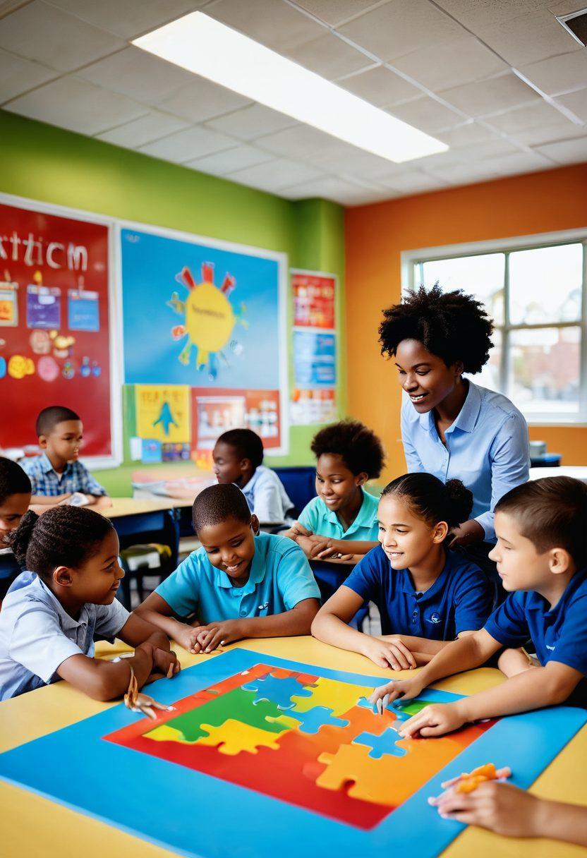 A vibrant classroom scene depicting diverse children engaged in collaborative learning activities, with colorful visuals on the walls that promote autism awareness. Include a teacher using innovative tools like interactive tablets and sensory toys to foster connections. Show a warm, inviting atmosphere with natural light streaming in through large windows. super-realistic. vibrant colors. 3D.